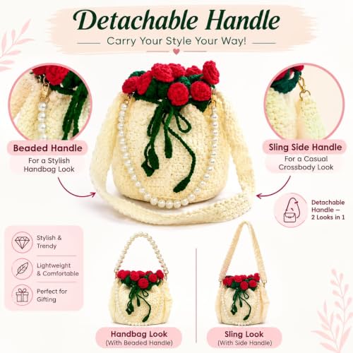 Image of Handmade Crochet Flower Crossbody Sling Bag for Women | Boho Knitted Bucket Shoulder Purse Rose Design