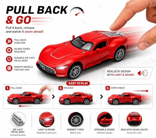 Image of Mercedes Vision GT Die-Cast Toy Car - 1:36 Scale Pull Back Metal Supercar Model with Openable Doors, LED Lights & Music - Alloy Mini Car for Kids, Boys & Collectors【Red】