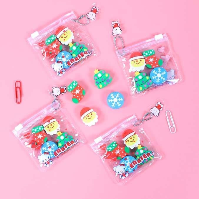 Christmas Cartoon Mini Erasers for Kids – Pack of 5 PVC Zipper Pouch with Keychain – Cute Santa, Snowman, Reindeer & Tree Eraser Set – Return Gift & School Stationery