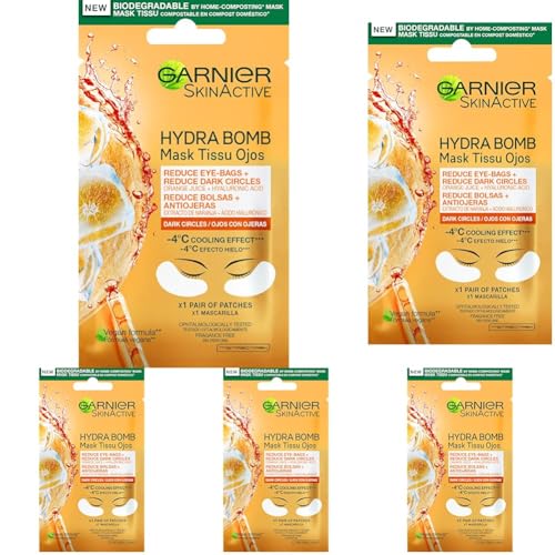 GARNIER Skin Active Mascarilla de Tela Contorno de Ojos Anti-Fatiga y Anti-Ojeras con Ácido Hialurónico y Extracto de Naranja (Paquete de 5)