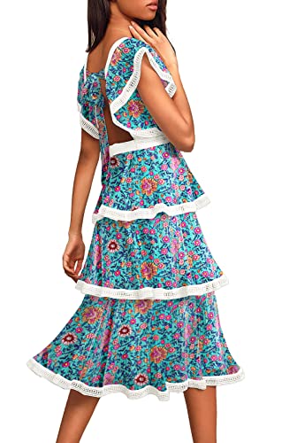Image of ETCYY Women's Summer Ruffle Maxi Dress Tiered Layed Chiffon Short Sleeve Beach Boho Floral Party Wedding Guest Long Dresses