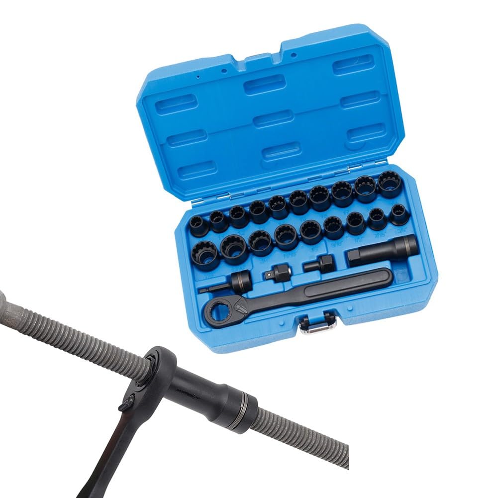 Lecreatekit Juego de llaves de vaso, carraca de paso de 24 piezas con llaves hexagonales y 12 puntas, métricas de 10 mm a 19 mm y 3/8-7/8 pulgadas, para reparación de automóviles