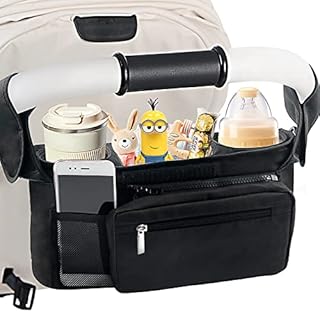 Mestron Pram Buggy Organiser Bag & Pram Organiser Bag Stroller Organizer with Detachable Pocket, Mobile Phone Pocket, 2 Insulated Cup Pockets & Shoulder Strap Pushchair Organiser
