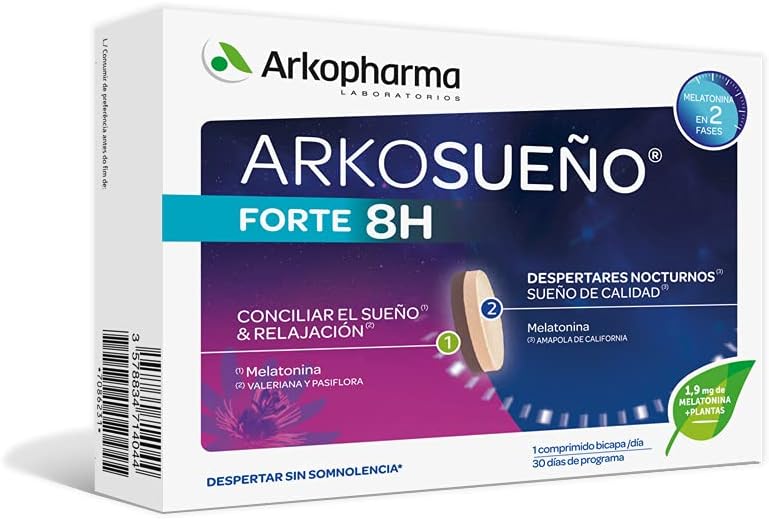 Arkopharma Arkosueño Forte 8h de Sueño 30 Comprimidos, Liberación de Melatonina 1,9mg en 2 fases, Despertares nocturnos, Dormir Rápidamente, Complemento Alimenticio