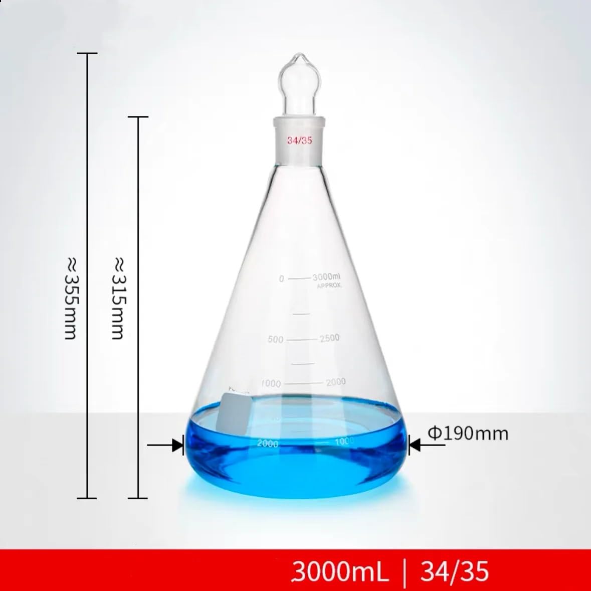 Matraz aforado con marca de tapón de vidrio esmerilado, junta de 3000ml, 24/29, 29/32, 34/35, matraz triangular(3000ML 24-29)