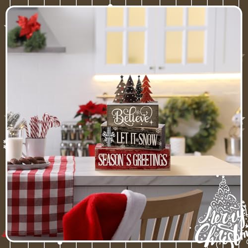 Image of Moucuny 4 Pcs Christmas Table Decor Christmas Tree Centerpiece Rustic Decorative Tree Block Signs Gift Winter Tiered Tray Decor Farmhouse Winter Tabletop Decoration for Home Xmas Party Kitchen Shelf