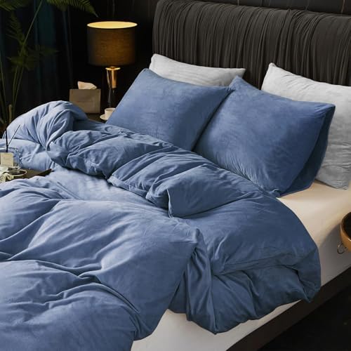 Ivellow Velvet Duvet Cover King Set Blue Comforter Cover 3Pcs Ultra Soft Cover Breathable Solid Luxury Flannel Velour Duvet Cover Zipper Closure Corner Tie