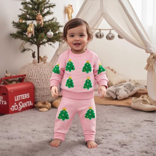 Baby Girl Christmas Outfit Toddler Long Sleeve Waffle Striped Tree Fall Winter Sweatshirt Pullover Kids Pants Set3