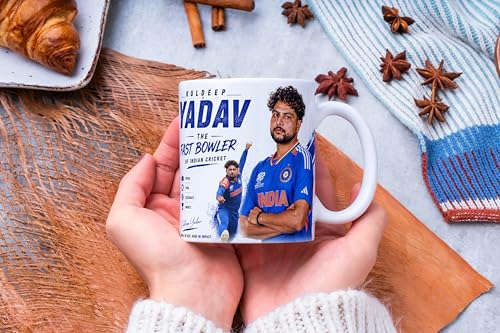 Image of Cricket Theme Coffee Mug IPL Edition - Stylish Helicopter Shot Print Cup - Gift for Cricket Fans, Boys & Friends (kuldeep yadav)