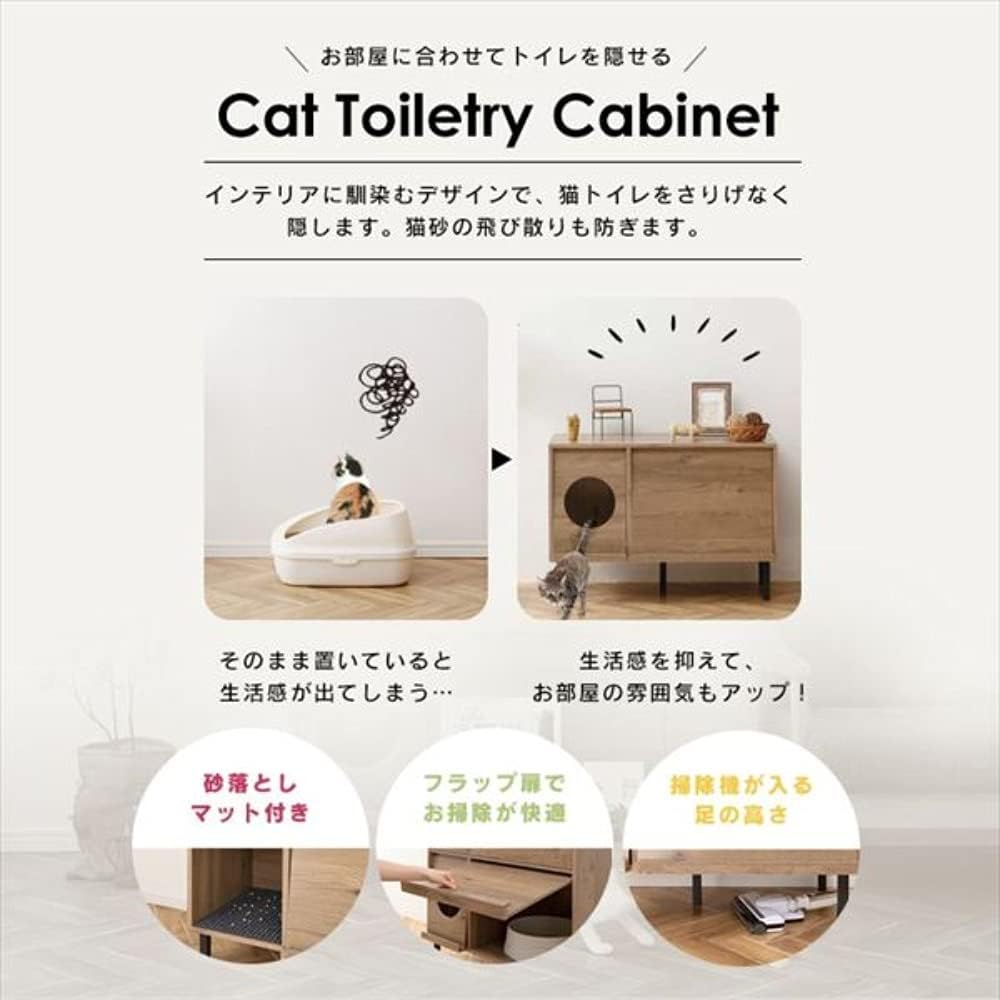 Diagram illustrating the features of the cat litter cabinet, including a litter mat, flap door, and elevated legs for cleaning.
