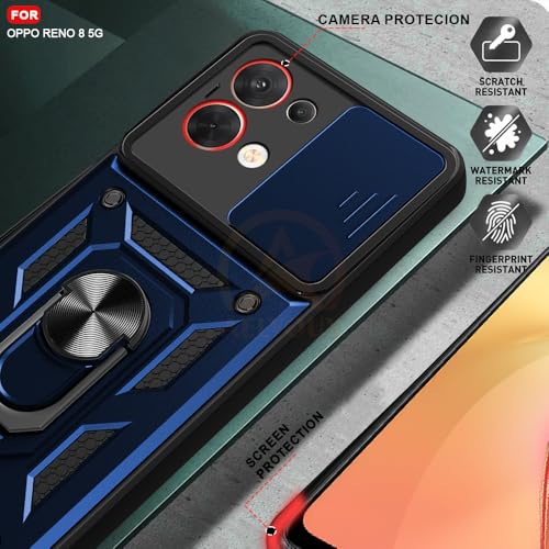Image of Armor Bumper Back Cover Case for Oppo Reno 8 5G Rotating Camera Cover, Ring Holder & Kickstand | Heavy Duty & 360 Degree Protection Oppo Reno 8 5G Back Cover (Blue)