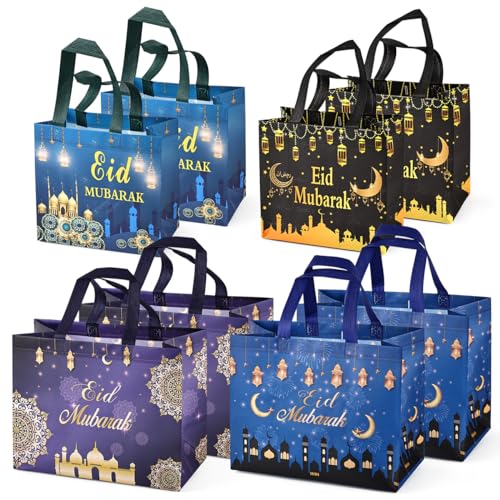 PARSUP 8PCS Eid Mubarak Reusable Gift Bags Assorted Sizes Non-Woven Party Treat Bags with Handles for Gifts Wrapping Party Supplies