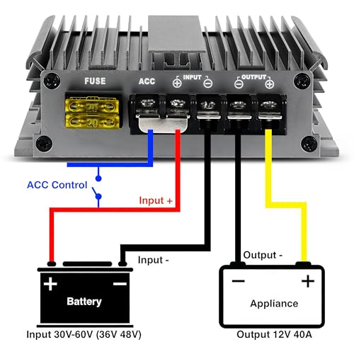 36V 48V to 12V Voltage Converter Golf Cart 30V-60V to 12V Step Down Transformer, 40A 480W Voltage Reducer IP68 Waterproof with Acc Control & Aluminum Alloy Shell2