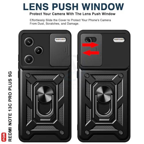 Image of AESTMO Polycarbonate Tough Armor Redmi Note 13 Pro Plus Bumper Back Case Cover|Ring Holder & Sliding Camera Shield Cover|360 Degree Protection Back Case Cover for Redmi Note 13 Pro Plus (Black)