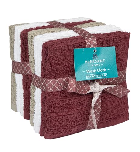 Image of PH Pleasant Home Diagonal Wash Cloths Set - 12 Pack (12 inch x 12 inch) - 509 GSM - 100% Ring Spun Cotton Wash Cloth - Super Soft and Highly Absorbent Face Towels (Maroon, White & Tan)