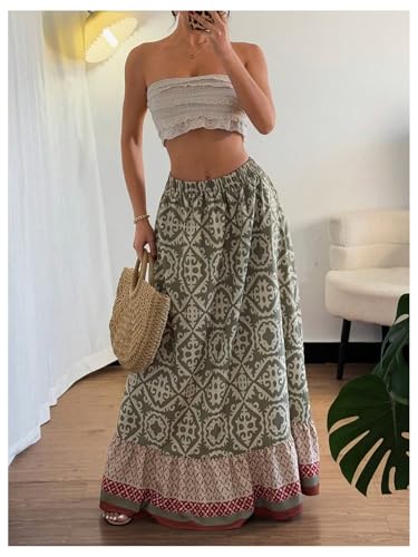 Women's Boho Printed Maxi Skirt Tribal Ruffle Elastic High Waist A Line Flowy Summer Skirts2