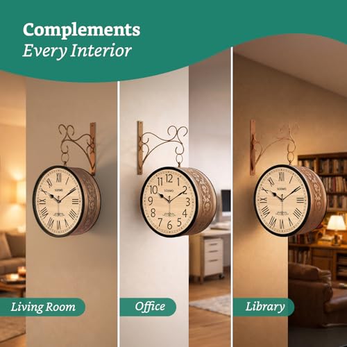 Image of Amazon Brand - Solimo Double Sided Vintage Station Wall Clock, one Side Roman and Other Side Numeral dial (10 Inches, Black with Copper Finish) Metal, Analog