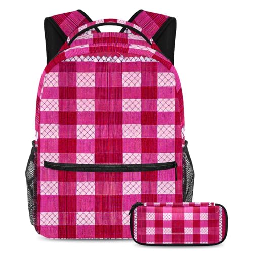 Sac à dos damier rose avec trousse assortie pour fille et ado