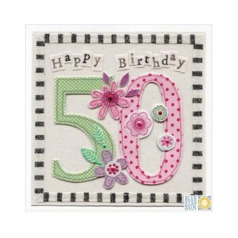 Greeting Card (BES0447) Female 50th Birthday - Embroidered Numbers and Stripe Border - Hand Finished with Jewels Cover