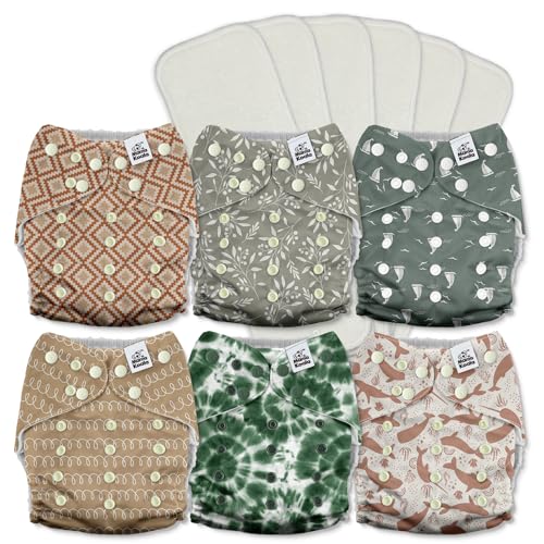 Image of Mama Koala 3.0 Pocket Cloth Diapers for Babies with AWJ Lining, 6 Pack with 6 5-Layer Natural Cloth Diaper Inserts - Reusable and Washable Pocket Diapers(A-Calm Spring)