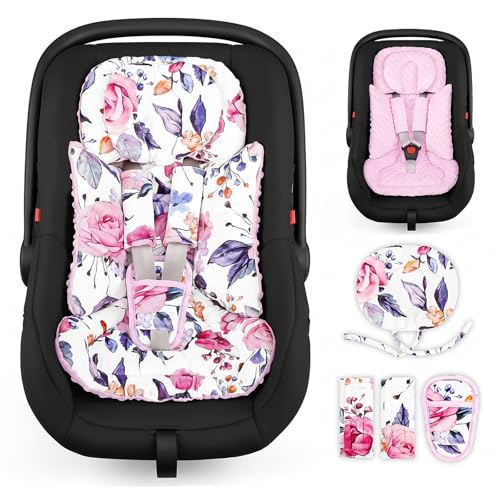 Infant Car Seat Insert with Removable Baby Head Support Pea Pod Newborn Carseat Insert Soft &amp; Breathable Baby Car Seat Cushion, Minky Dot Backing, Universal Fit Stroller, Swing, Bouncer, Flora