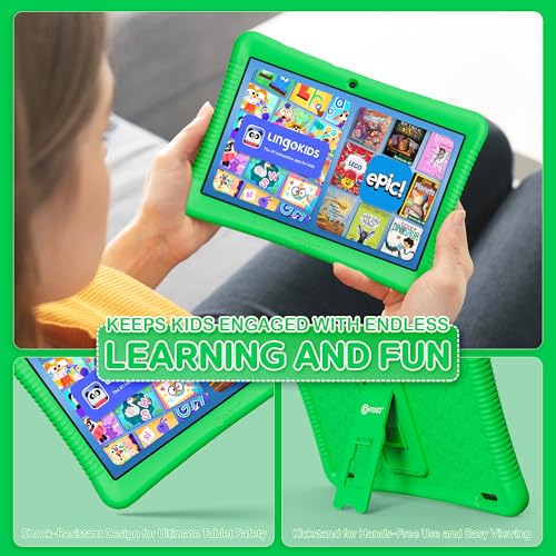 Image of Contixo K102 10 inch Kids Tablet Bundle - Wireless Kids Headphones, 32GB, Learning Educational Apps, Parental Controls, Dual Cameras, Shockproof Case with Kickstand & Stylus, Ages 3-7 - Green