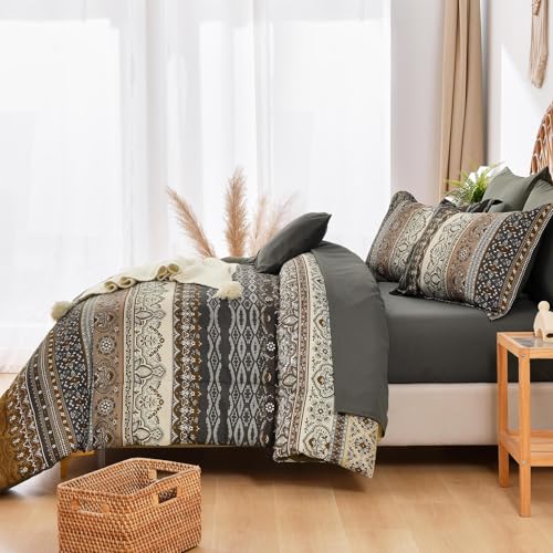 Image of Cottolester Boho Queen Comforter Set 8 Pieces,Brown Black Bohemian Comforter Paisley Striped Bed in A Bag,Soft Microfiber Bedding Set for All Season
