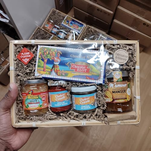 Panier Gourmand Antillais, Chocolat Elot, Sauce Créoline, Confiture Mangue, Pâtes de Piment et Chiktail de Morue