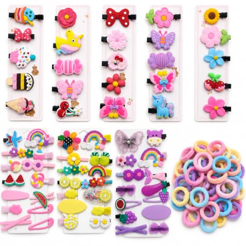 Image of 124 Pcs Hair Accessories for Kids Girls | Cute Baby Hair Clips & Theme Hair Clips with Rubber Bands Combo | Hair Accessories for Baby Girl | Kids Hair Clips Set | Mixed Designs