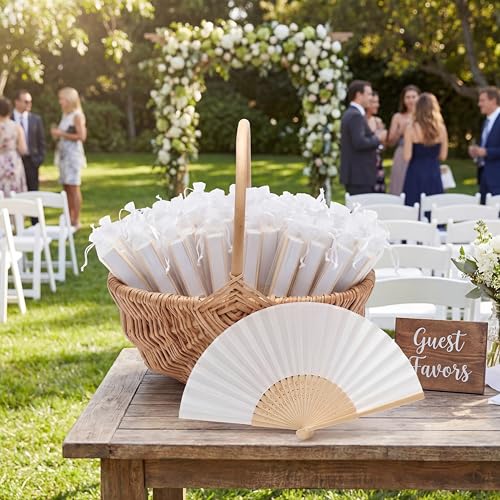 Quzzil 101 Pack Wedding Fan for Guests with a Storage Basket Organza Bag Abanicos De Mano para Fiesta Blank Folding Fans Bulk DIY Party Favor for Outdoor Wedding Decor Bridal Shower Souvenir Gift