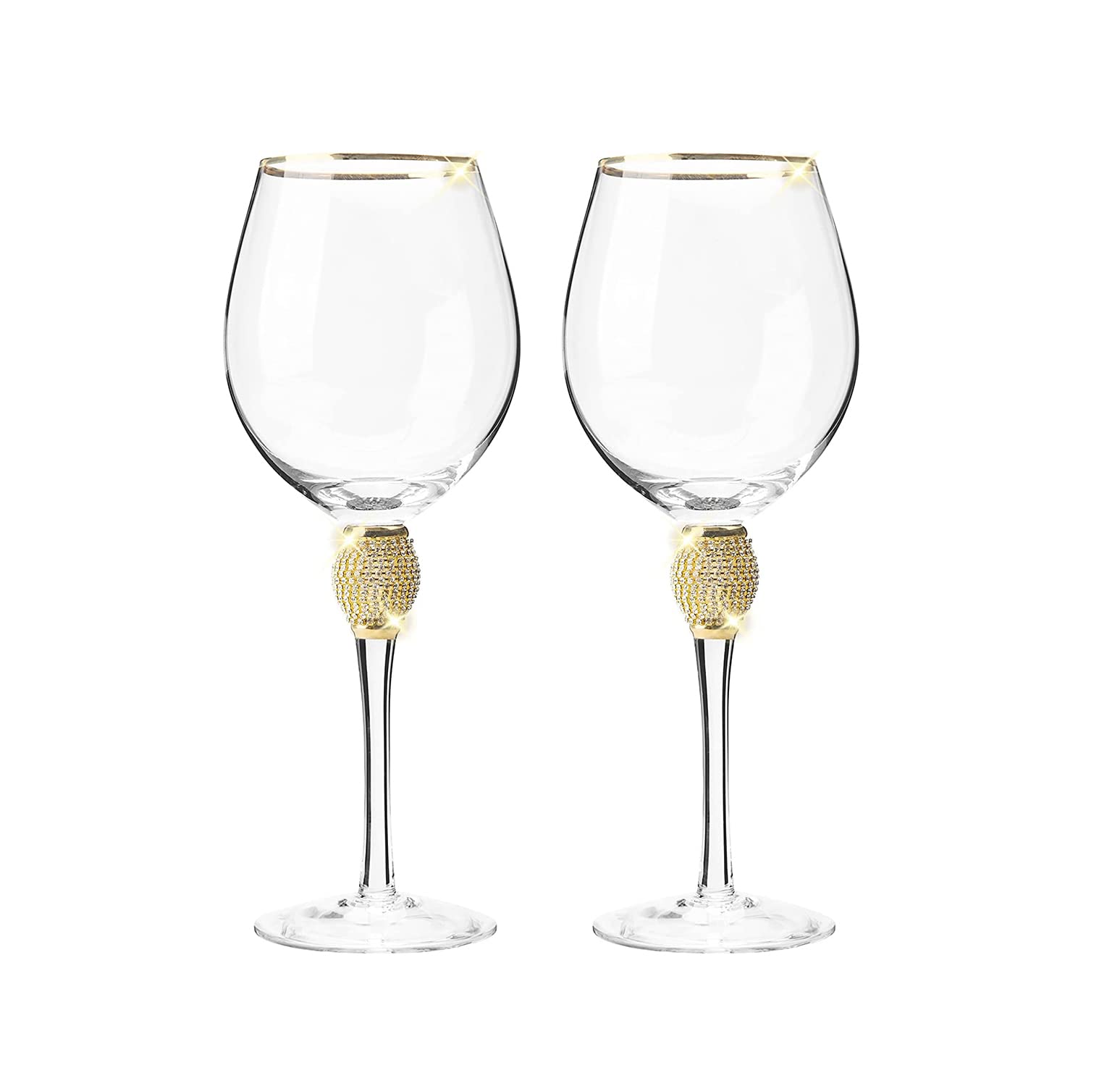 HIUHIU Wine Glasses Set of 2 with Rhinestone Elegant Sparkling Studded Long Stem Red Wine Glass Crystal Champagne Flutes for Wedding/Party,Gold,Wine Glasses