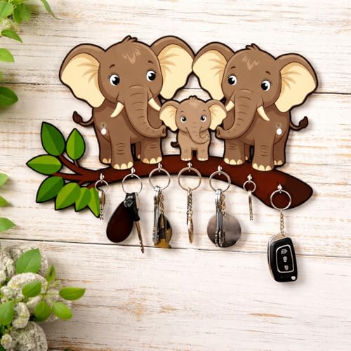 Image of Elephant Family Wooden Key Holder for Wall | Decorative Animal Key Hanger with 5 Hooks | Cute Cartoon Wall Mounted Key Stand for Home Entrance, Living Room & Office Decor