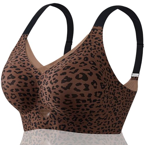 FHTECO Smoothing Bra Anti Sagging Wireless Push Up Bras for Women No Underwire Full Coverage Bra Comfy Bras for Women(Tri-Black Leopard Print, 3XL)