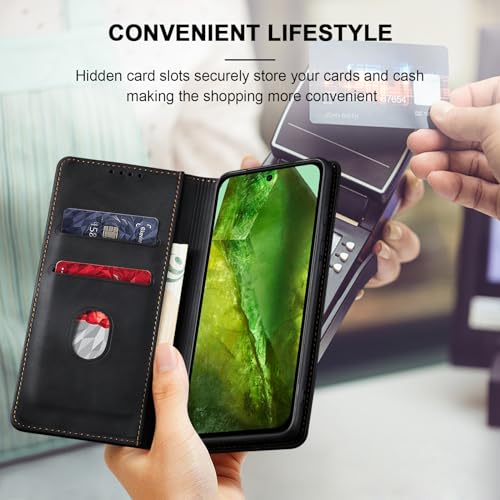Image of Jasonyu Flip Wallet Case for Google Pixel 8A,Leather Magnetic Folio Cover with Card Holder,Kickstand - TPU Shockproof Durable Protective Phone Case,Black