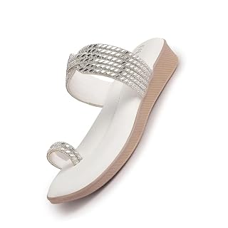 FAUSTO FST FKAWC-19016 WHITE-39 Women Toe Ring Crystal Strap Slip-On Ethnic Party Dress Sandals | Low Heel Wedge Slip On Ortho Slippers | Perfect for Wedding, Indian Festivals, Traditionals (6 UK)
