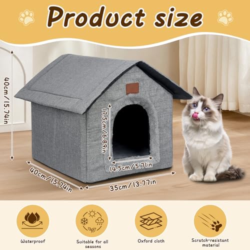 DAJASD Katzenhaus, Katzenhöhle mit Abnehmbarem Plüschkissen, Hundehöhle, Winterfest Wasserdicht Wetterfester, Hundehütte Indoor, Hundehaus für Drinnen/Indoor, Warmes Und Gemütliches 40x35x40cm(Grau, M