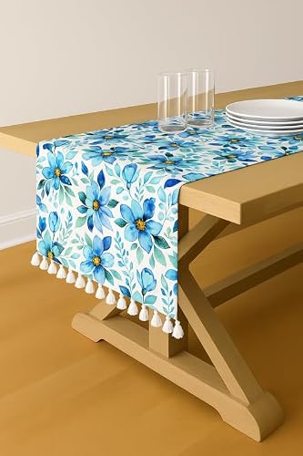 WWW.THROWPILLOW.IN Blue Bloom Print Tassel Boho Table Runner 14x90 Inches | Fits 6.5 Feet TV Unit Cabinet,Center Table,Coffee Table,Dining Table,Dresser, Entry Console, Credenza|