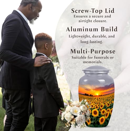 Image of Sunset Sunflower Urns for Human Ashes Adult Female - Cremation Urns for Adult Ashes Women - Yellow Sunflower Urn for Human Adults Mom and Dad - Large Cremation Urn for Male 10inch