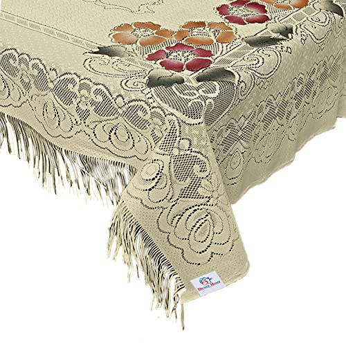 Image of Heart Home Flower Printed Cotton 4 Seater Center Table Cover with Jhalar Border, 40 inchx60 inch (Cream)-44HH0115