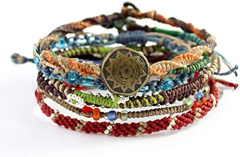 Wakami Earth Handmade Boho Bracelets Set of 7 | Braided Indie Bracelets for Women and Men | Beaded, Stackable, Handmade by Artisans, Waterproof Waxed Thread, Glass Beads, Sliding and Button Closure | EARTH