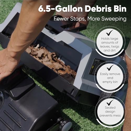 Battery powered artificial grass and hard surface sweeper showing adjustable height feature