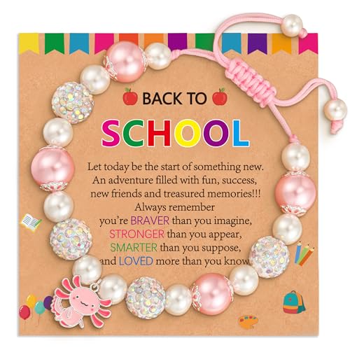 Back to School First Day of Kindergarten Bracelets Gifts Stuff for Girls Kids, Adjustable Axolotl Charm Pearl Bracelet Jewelry Gifts for Daughter Granddaughter