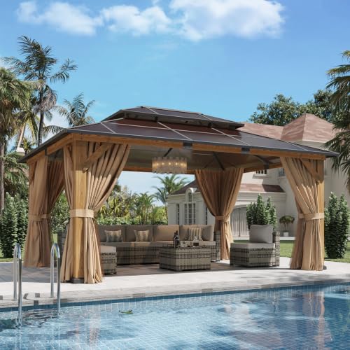 Image of Aoxun 12' x 16' Outdoor Wood Gazebo with Double Polycarbonate Top, Hardtop Gazebo Permanent Wooden Pavilion with Breathable Netting and Privacy Curtain for Patio, Garden, Deck, Cedar Wood, Natural