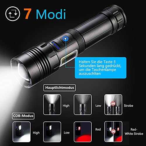 LED Torch with COB Work Light, Super Bright 10000 Lumens Torch, USB Rechargeable Tactical Torch, Waterproof 7 Modes Zoomable Hand Lamp for Camping Hiking (26650 Battery) - Image 4