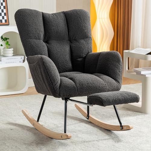 Image of NIOIIKIT Nursery Rocking Chair, Teddy Upholstered Glider Chair with Adjustable Footrest, Padded Recliner Chair with High Backrest, Rocker Recliner Chair, Reading Chair for Nursery (Dark Gray)