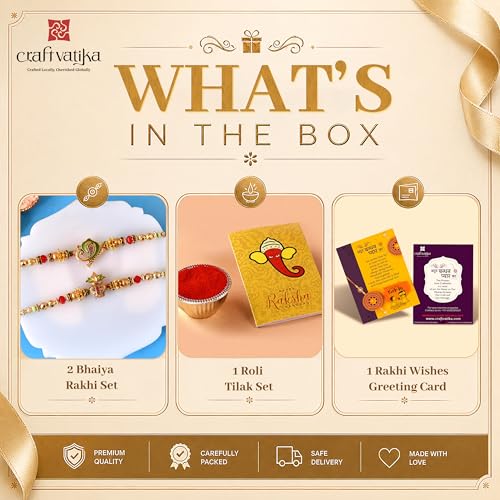 Image of CraftVatika Kundan Rakhi Set for Brother Set of 2, Designer Peacock Rakhi for Brother Boy Men, Premium Kalash Raki for Bhaiya, Traditional Rakshabandhan Rakhis with Best Wishes Card and Tillak Set