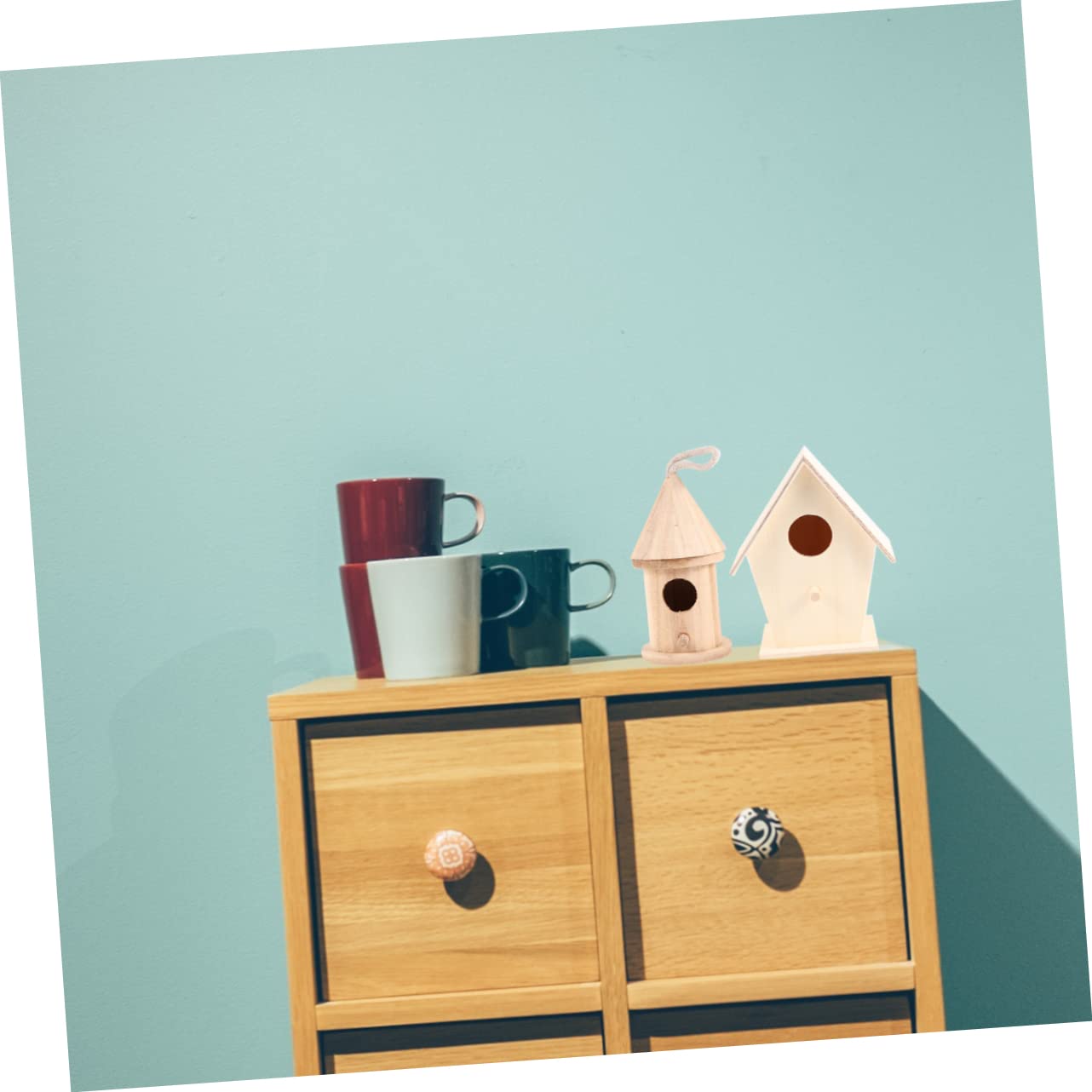WOONEKY 6 Stück Teiliges DIY Vogelhaus aus Holz Unvollendetes Bastelset mit Stabilem Stand und Dicker Aufhängekordel zum Bemalen und Dekorieren als Lernspielzeug für Wohnraumgestaltung