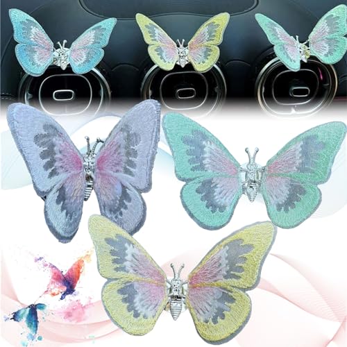 刺繍フレグランスバタフライデコレーション、バタフライカーベントクリップ装飾、絶妙な合金と紡績糸の職人技、手で繊細な車のエアアウトレット装飾(3個-C、ベーシック)