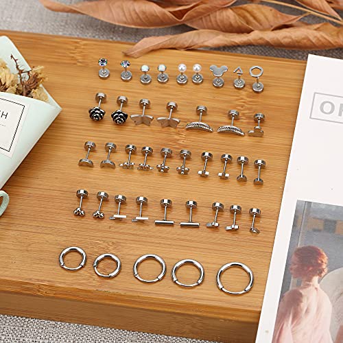 Staligue 21 Pairs Stainless Steel Earrings Set for Women Men Hypoallergenic 20G Flat Back Studs Earrings and Hoop Earrings Set Star Moon flower Snake Leaf Cartilage Piercing Earrings Jewelry Gifts4