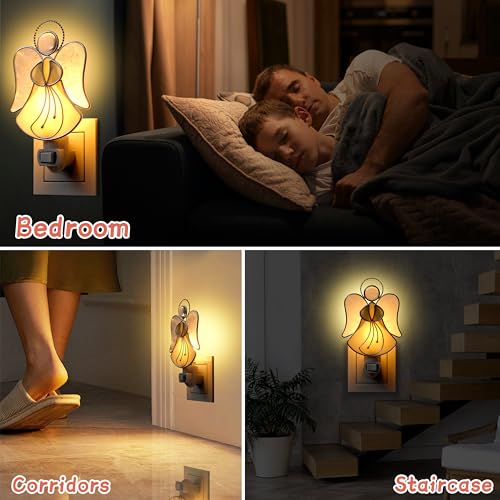 Image of Stained Glass Yellow Guardian Angel Night Lights Plug into Wall | Plug in Night Lights Into Wall Socket Decorative Nightlight for Bedroom Hallway,Mothers Day Gifts for Mom Birthday Christmas